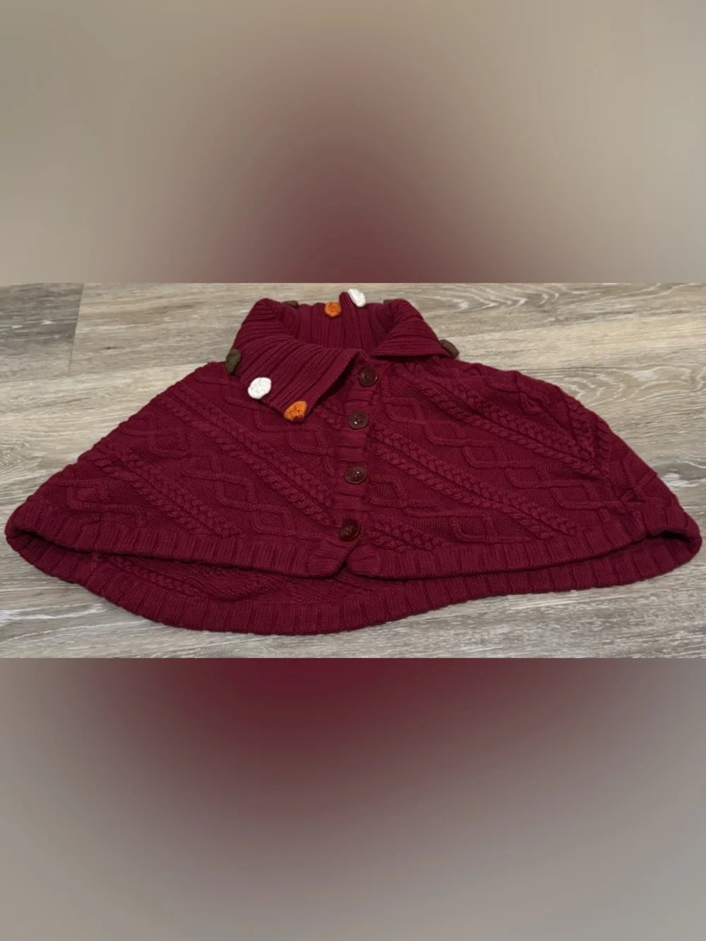 Gymboree Maroon Cable Knit Button Cape with Pom Accents
